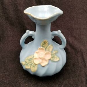 Vintage Blue Weller Pottery Double Handle Vase Magnolia American Pottery 6"